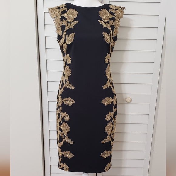 Tadashi Shoji Kami Dress Black & Gold  Knee length Sleeveless Size 6 Petite - Picture 5 of 16